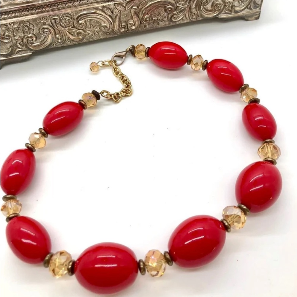 Vintage candy red statement bead necklace